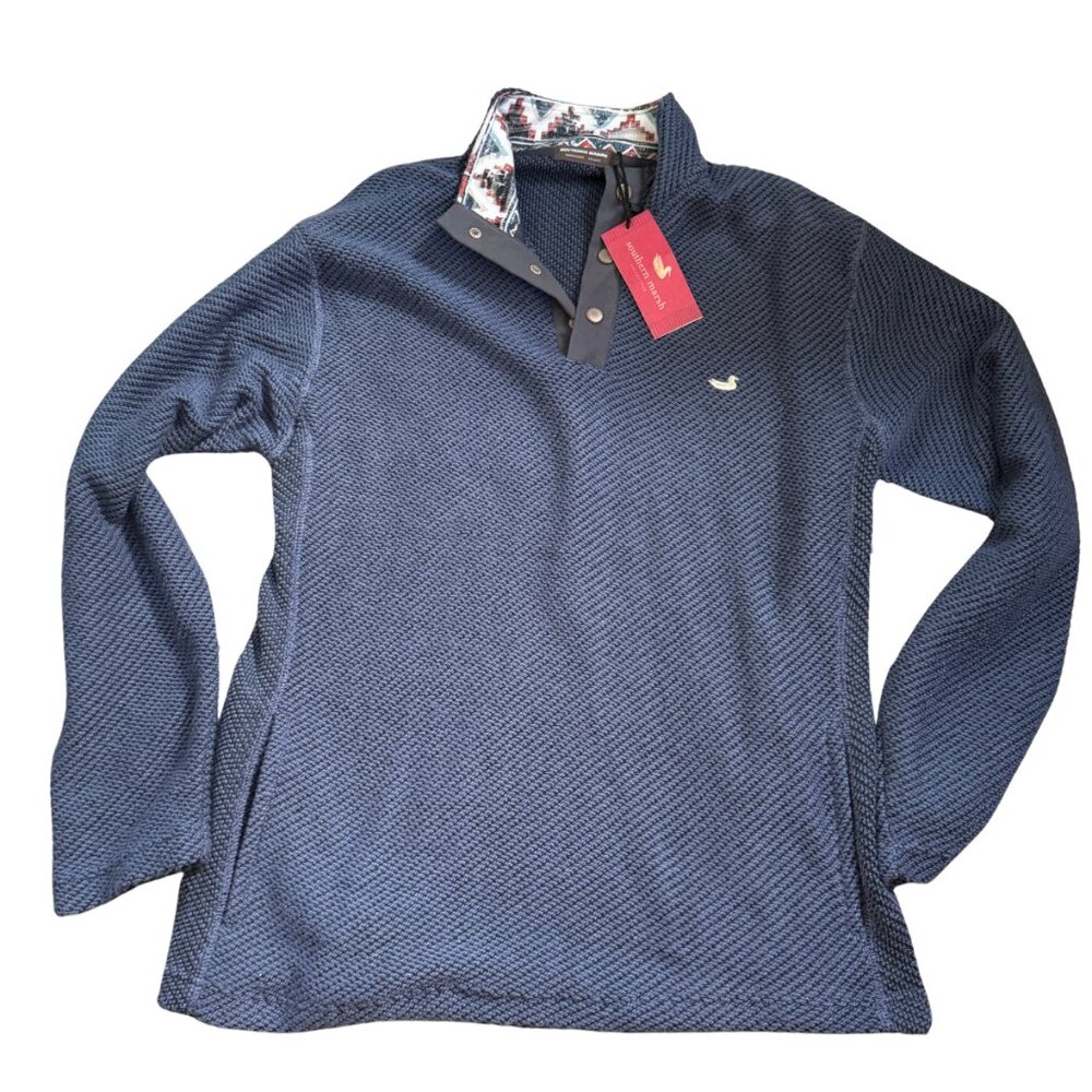 Southern Marsh Pullover Mens S Blue Pawleys Rope 1/4 Snap Knit Aztec Mock Neck